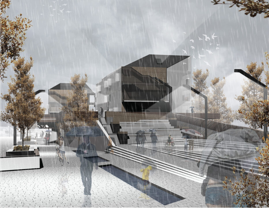 Exterior render of a student designed multi story building in the rain