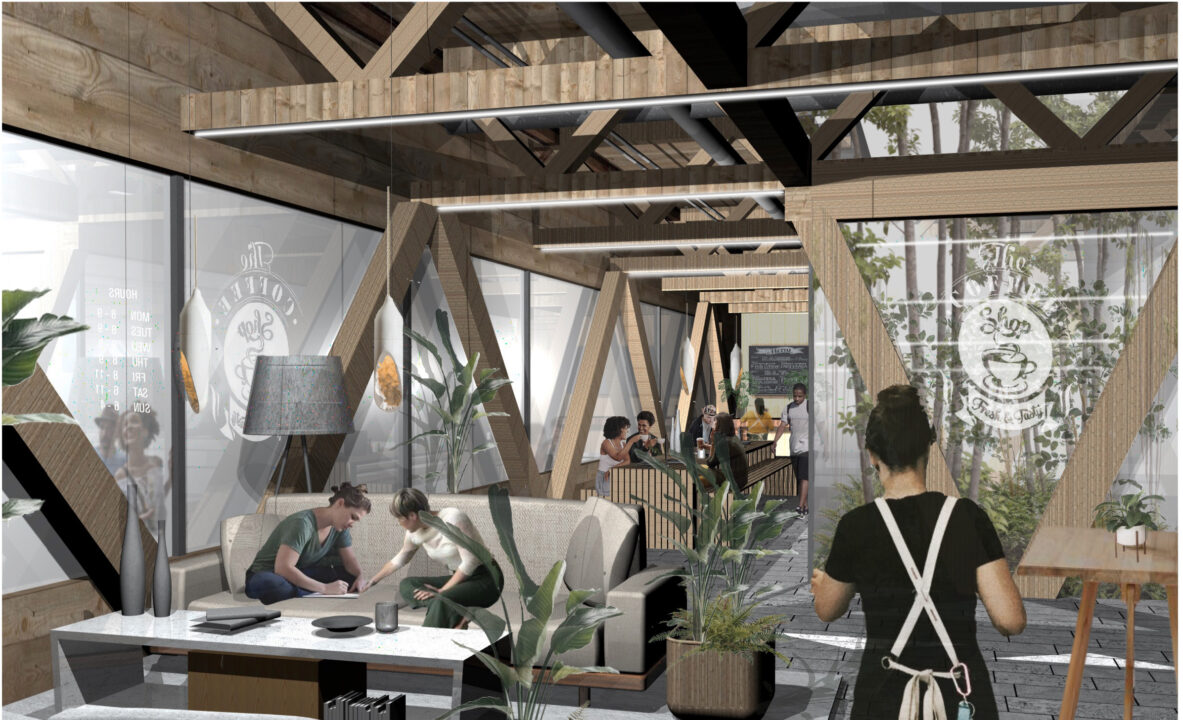 Interior render of people sitting in a wooden cafe space