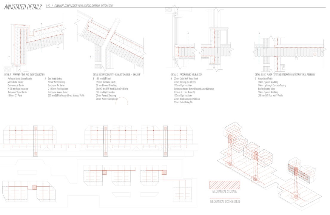 Annotated details and structural floor plans of a student designed multi story buildings