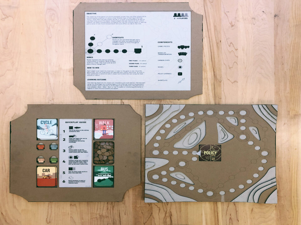 Photograph of three pieces of cardboard with written text and diagrams explaining a board game