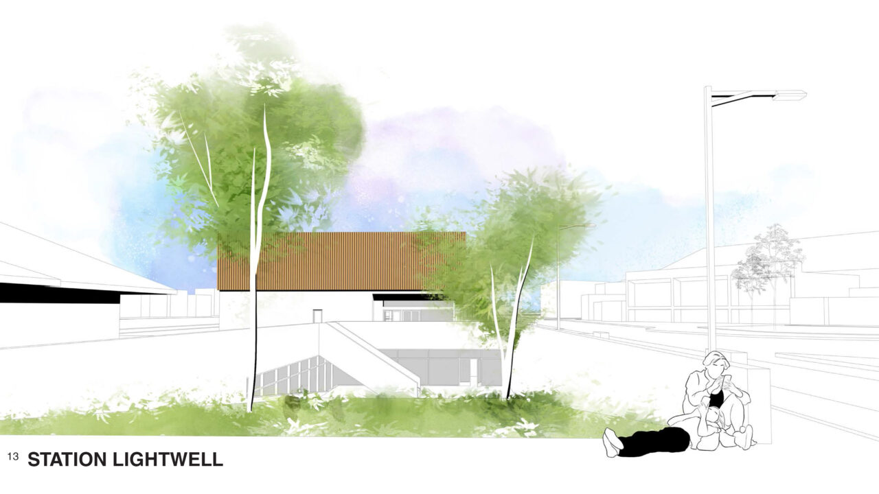 Exterior render of a light well system integrated into the student designed landscaping