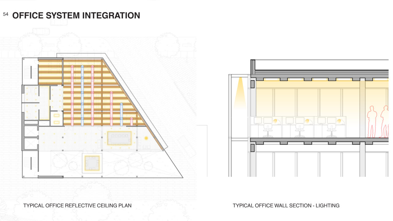 Floor plan and section showing the lighting strategy of a student designed multi story building