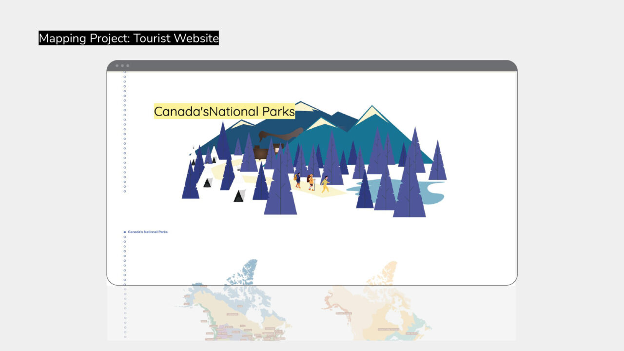 Screenshot of a website cover page designed by a graduate student, featuring a blue mountain range graphic