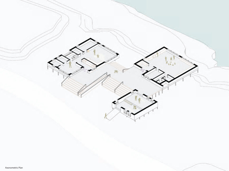 Axonometric plan of a student designed building on the edge of a body of water