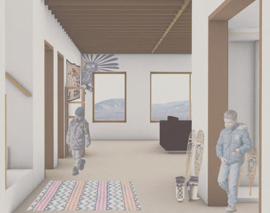 Interior render of children in a student designed building