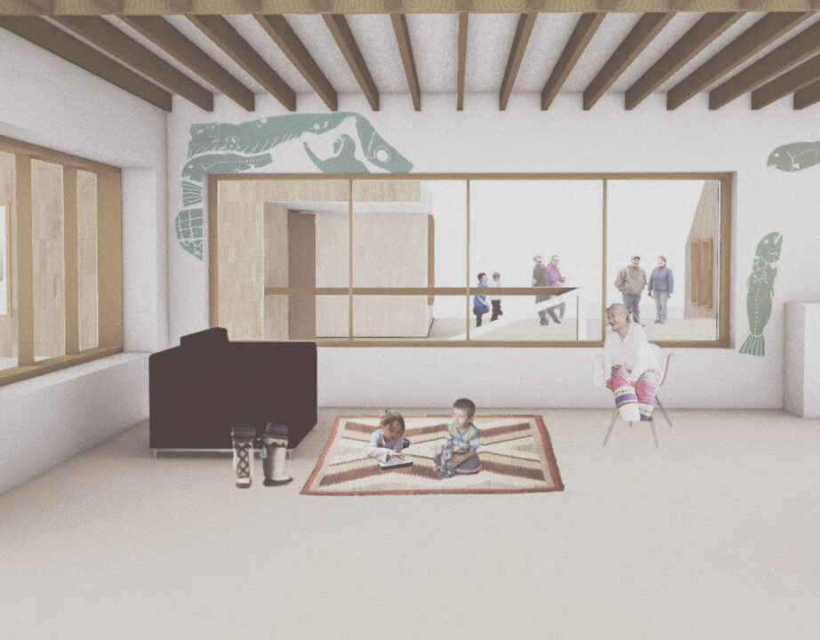 Interior render of two children playing with an elder in one room and other figures in a connecting room