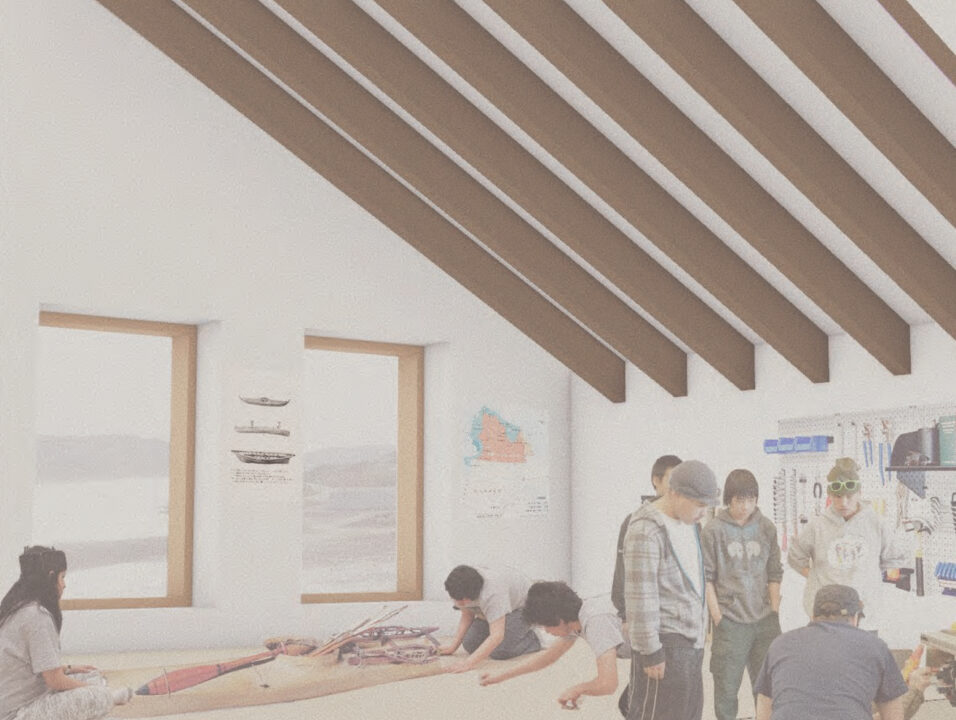 Interior render of kids gathering around in a student designed building