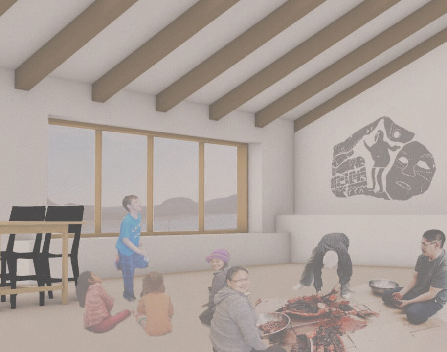 Interior render of people gathering around to clean a dead animal in a student designed building