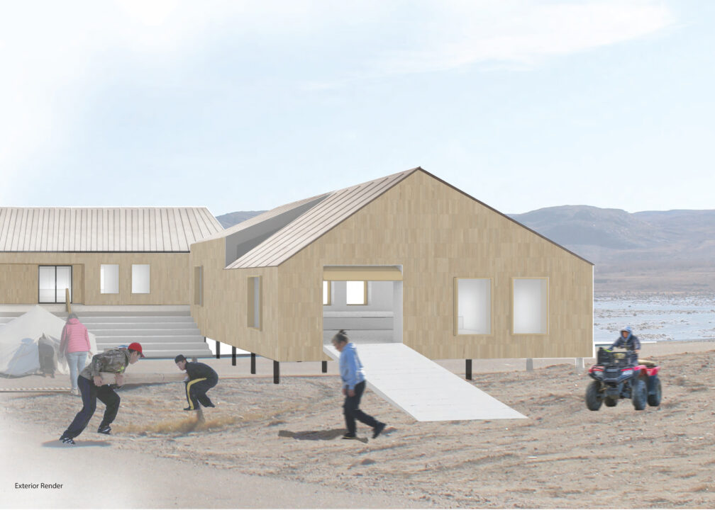 Exterior render of people outside a student designed wooden building in a barren landscape