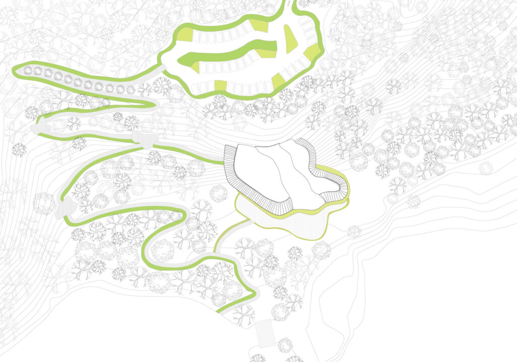 Site plan of an ecology center with the surrounding wooded context, next to a lake