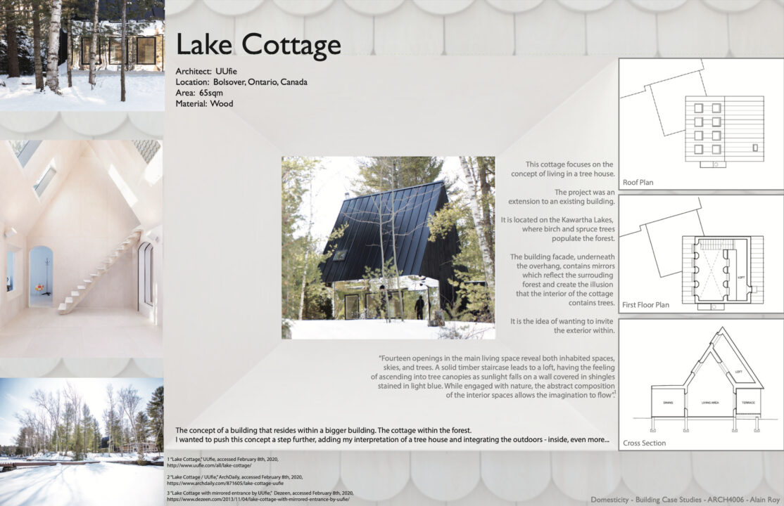 Poster with photographs of the Lake Cottage with text and floor plans