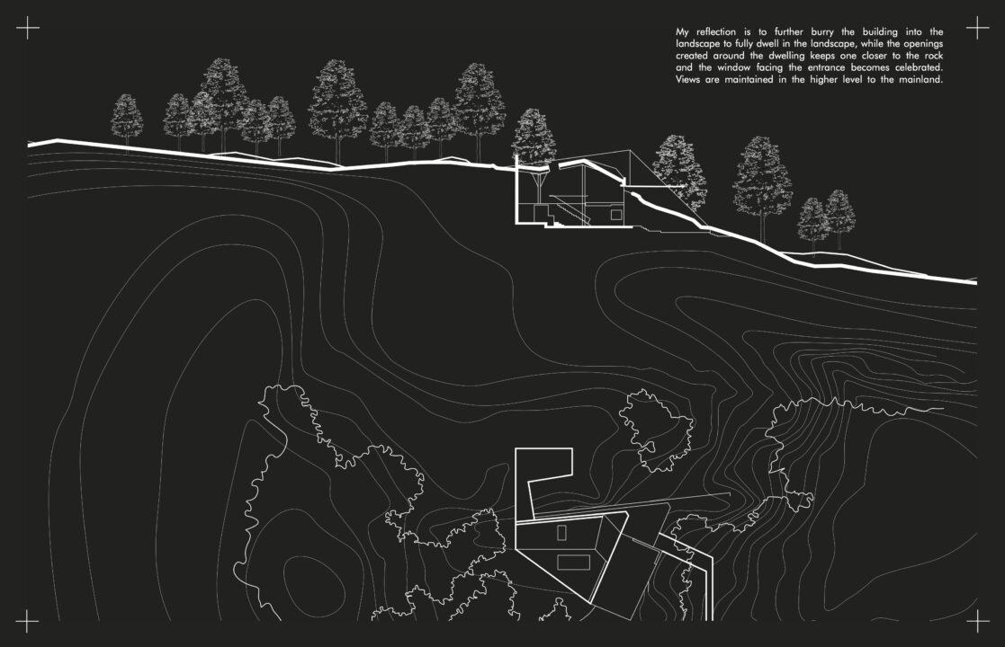 White drawing of a site plan and section of a building partially submerged in the landscape on a black background
