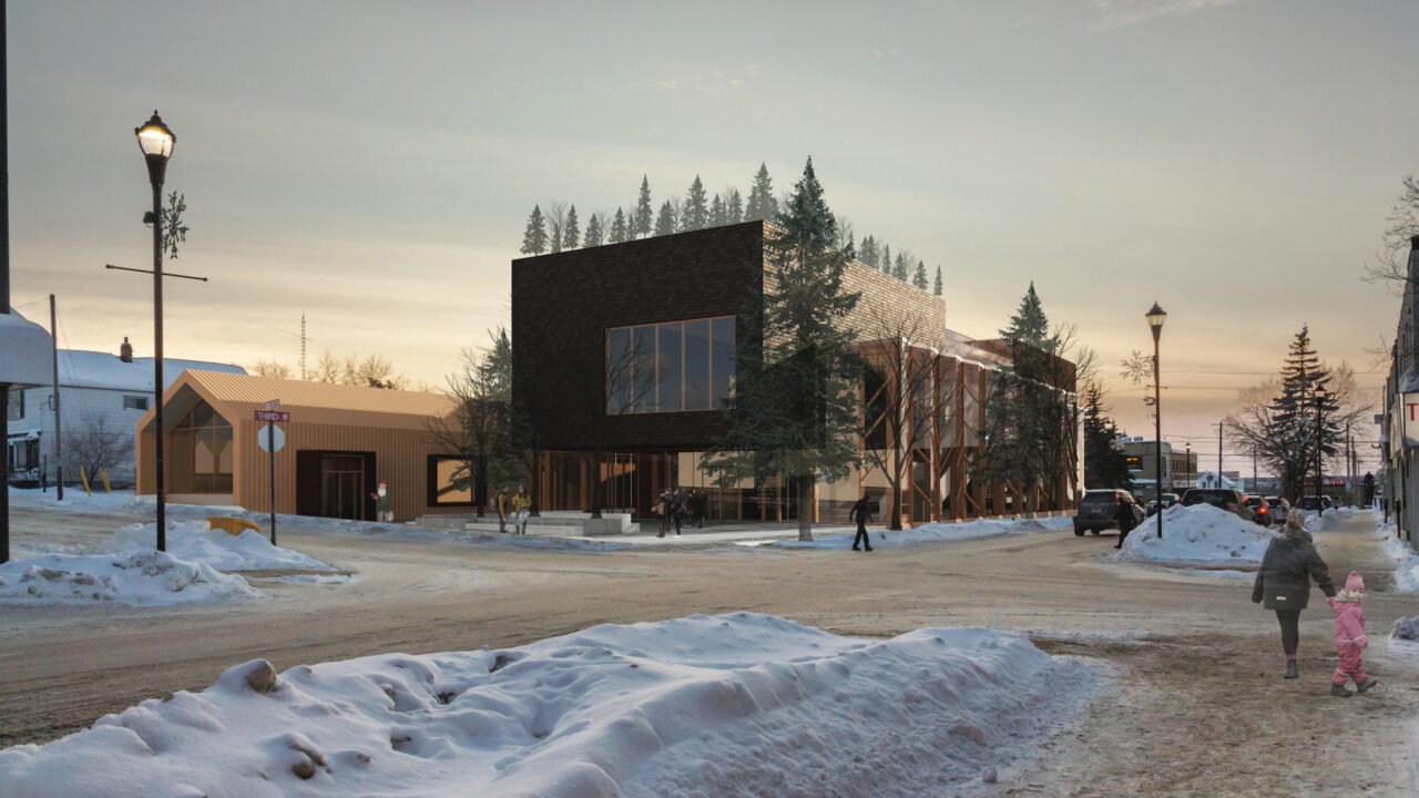 Exterior render of a wood and glass building with trees on the roof in the winter