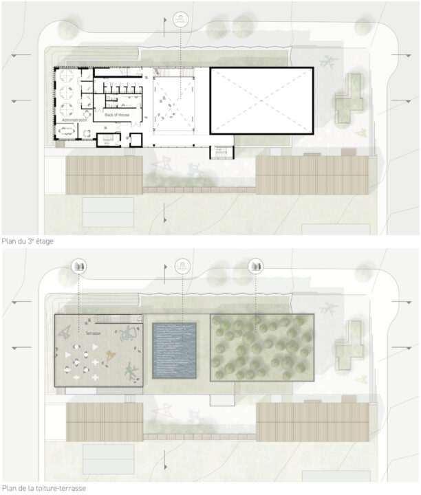 Poster with a third floor plan and a roof plan showing a green roof