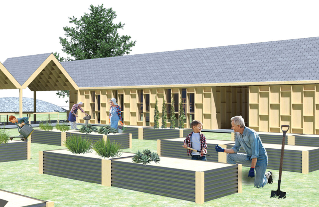 Exterior render of a courtyard space with garden boxes and people gardening