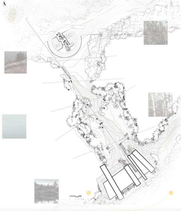 Site plan showing an ecology center, with the surrounding context as well as photographs from the wooded area