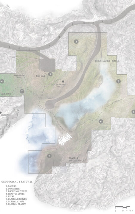 Site context map showing the entire lake, surrounding wooded area as well as highlighting geological features
