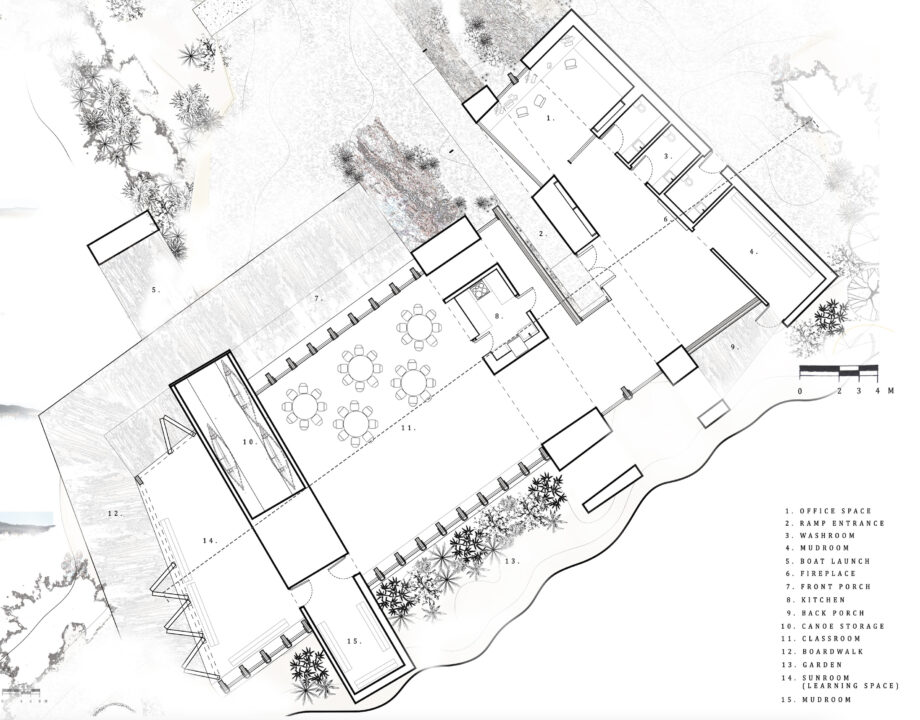 Site plan of an ecology center with the surrounded wooded area shown