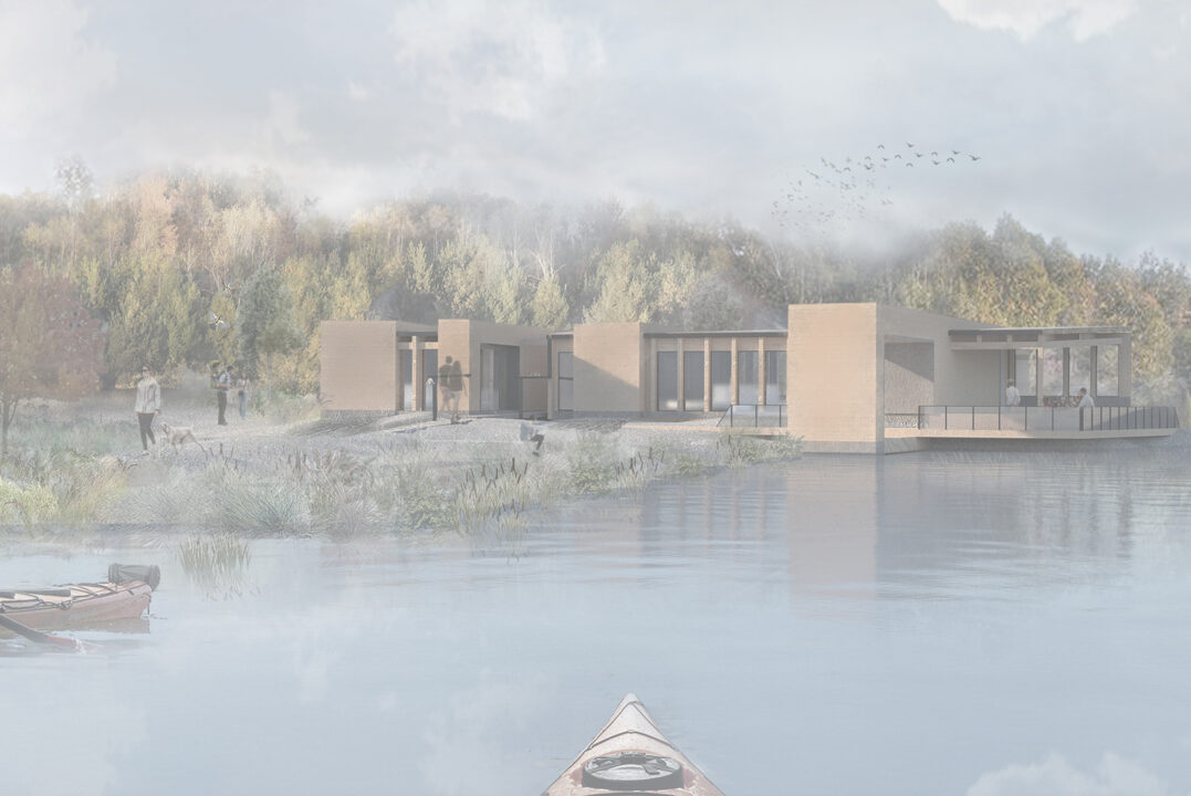 Exterior render of an ecology center on a lake, surrounded by a wooded area