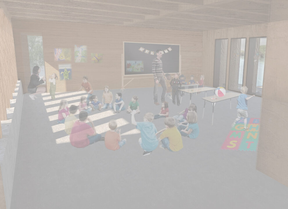 Interior render of a wooden learning area with children in an ecology center