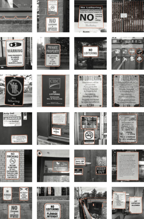 Collage photograph of multiple black and white 'no trespassing' signs