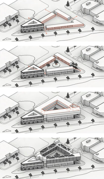 Four images showing the progression of the student's building design on an existing street corner