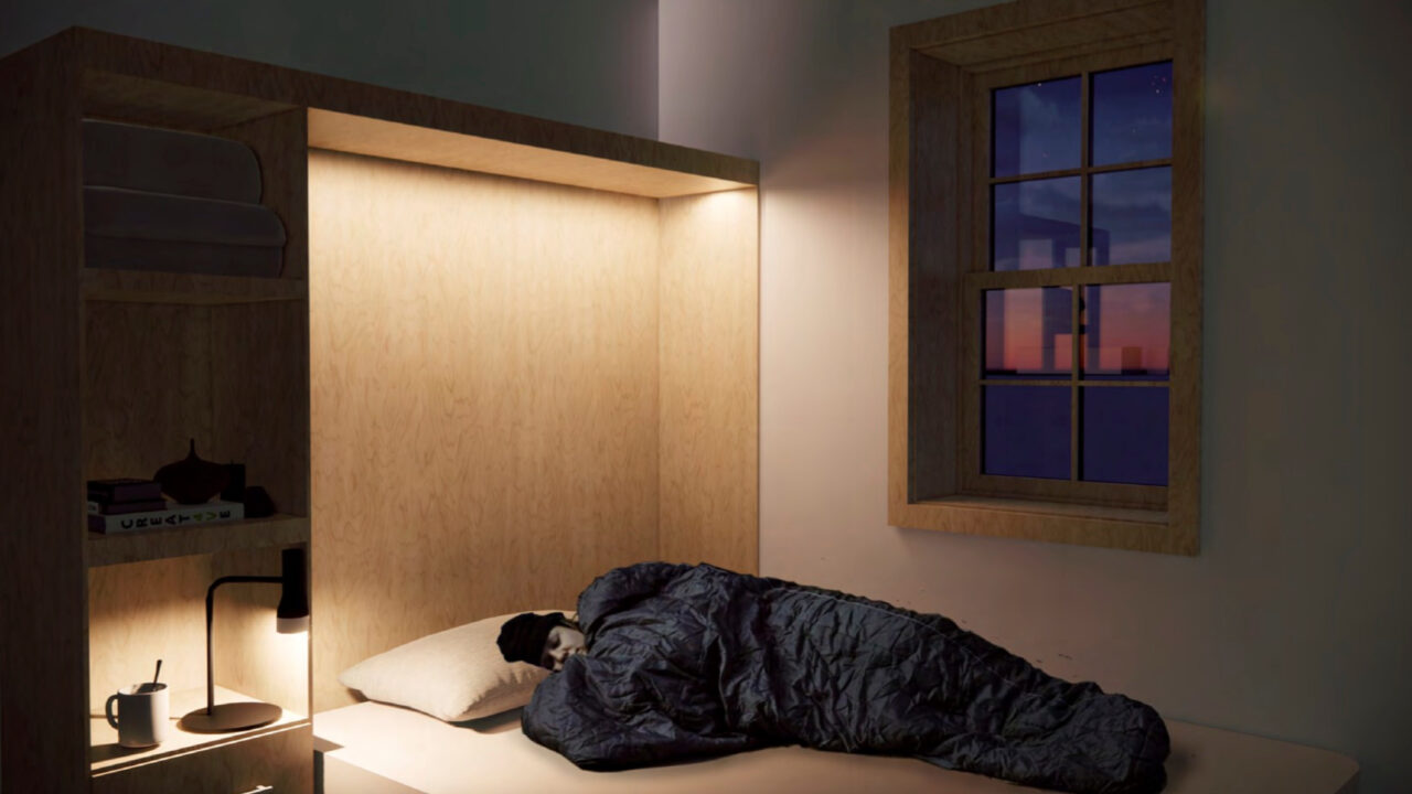 Interior render of a person sleeping in a bed in a sleeping bag