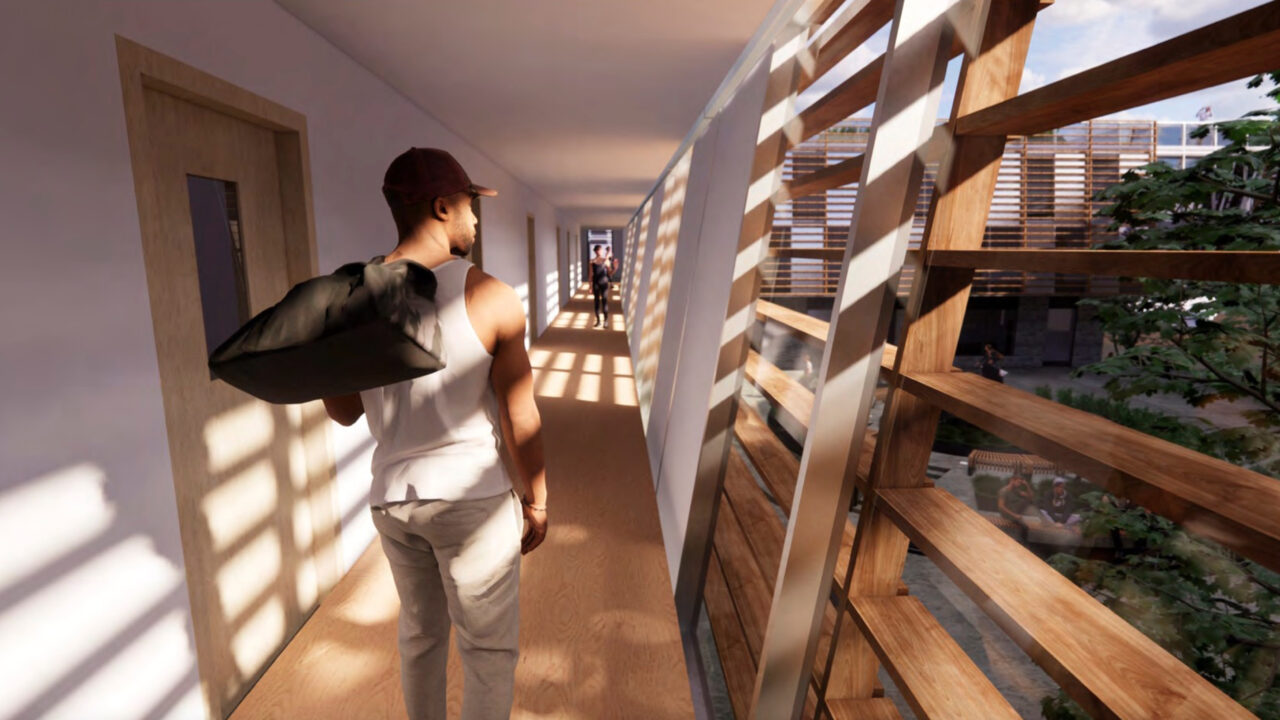 Interior render of a person walking down a hall with a bag over one shoulder and a long stretch of windows to their right