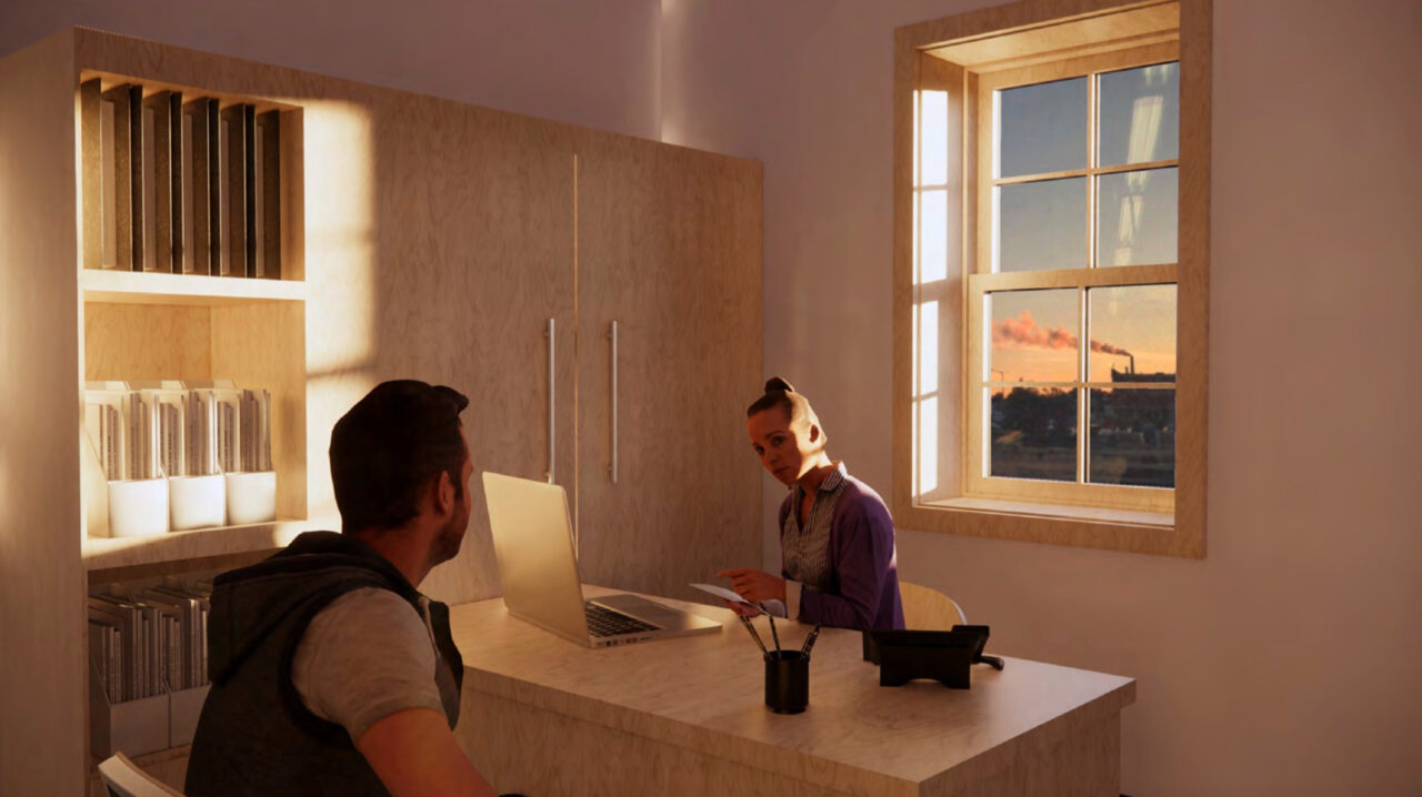 Interior render of two people sitting at an office desk