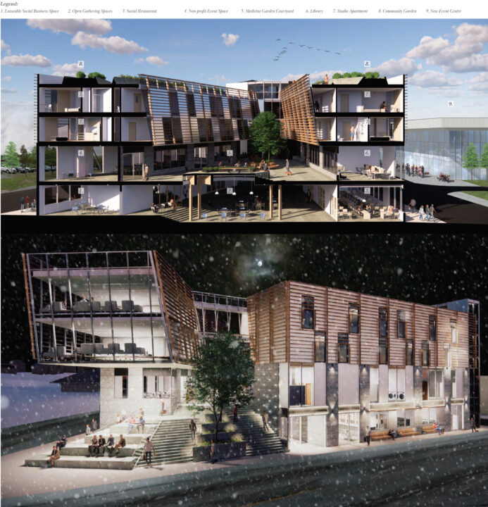 A poster with an exterior render in the winter and a perspective section in the summer