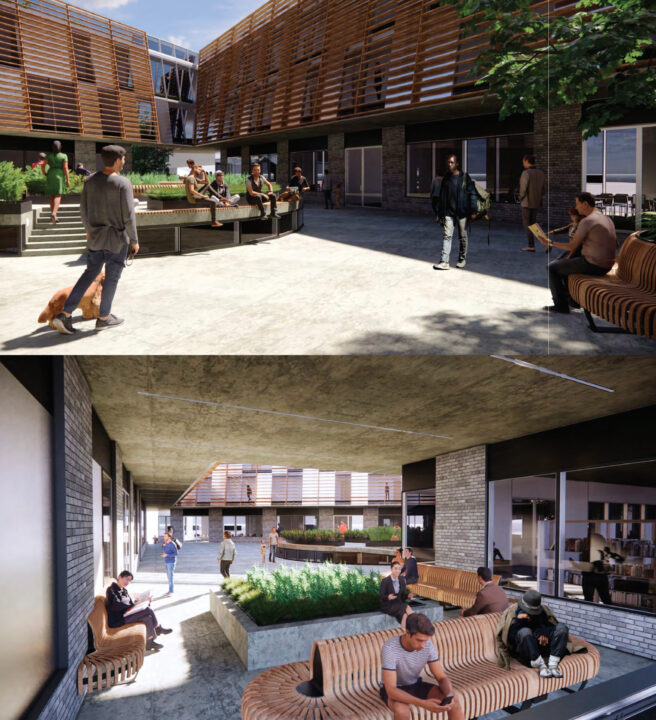 Two exterior renders, one on a street corner and another in a courtyard, showing people mingling around