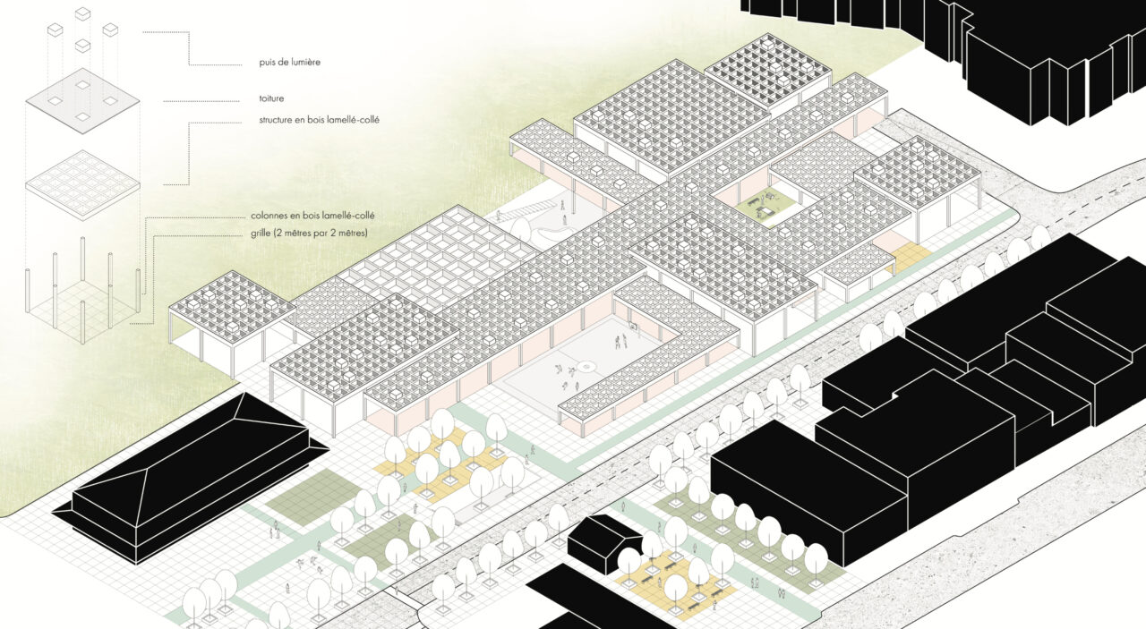 Axonometric site plan showing the city block with the student's own built forms added