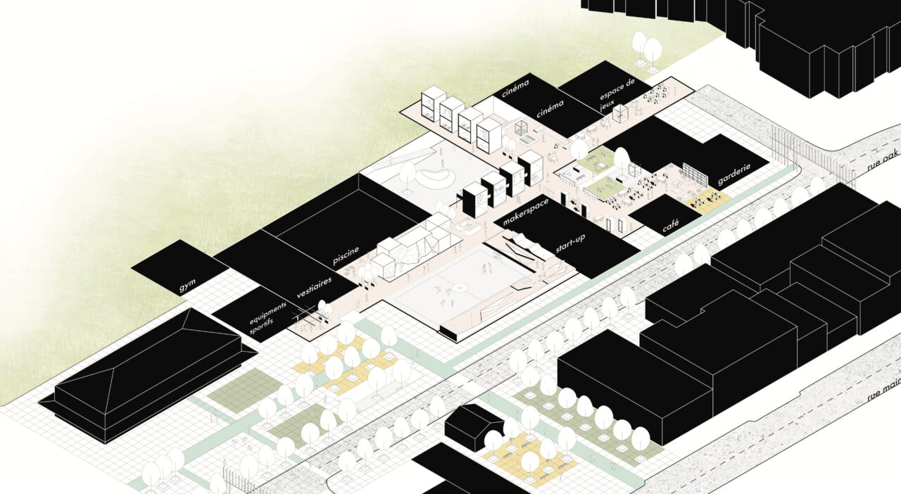 Perspective site plan showing the street block where the student is intervening with their project