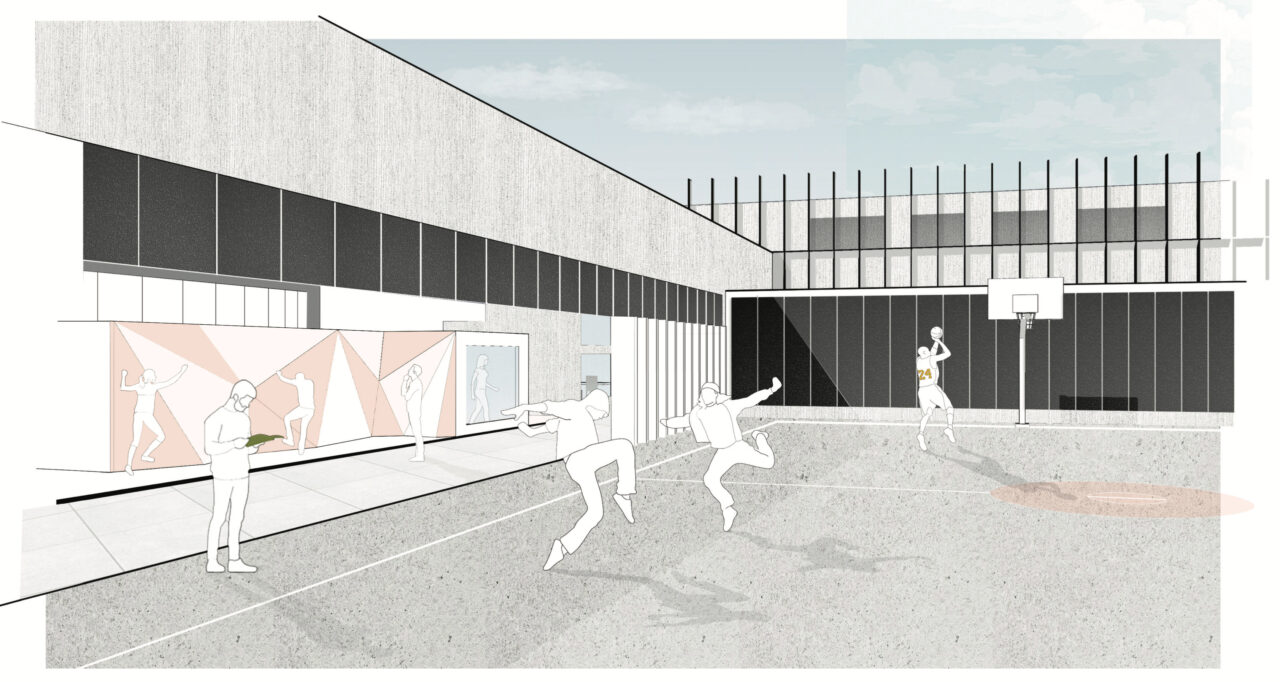 Exterior render in a courtyard of people dancing in the foreground and someone playing basketball in the background