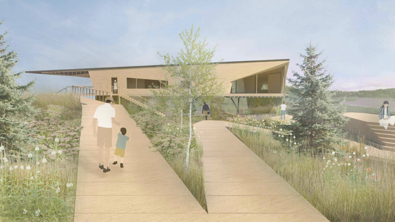 Exterior render of a path way leading up to an ecology center next to a lake