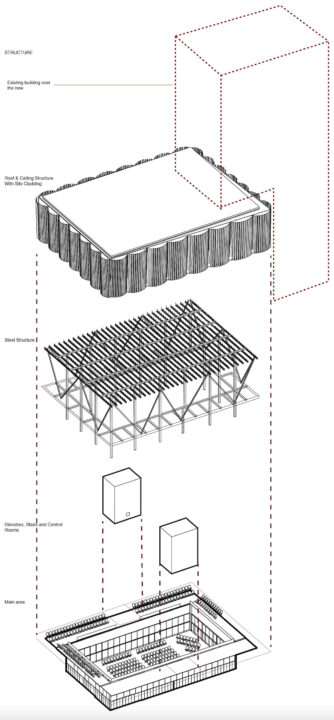 Exploded axonometric drawing showing the construction elements of a student designed building