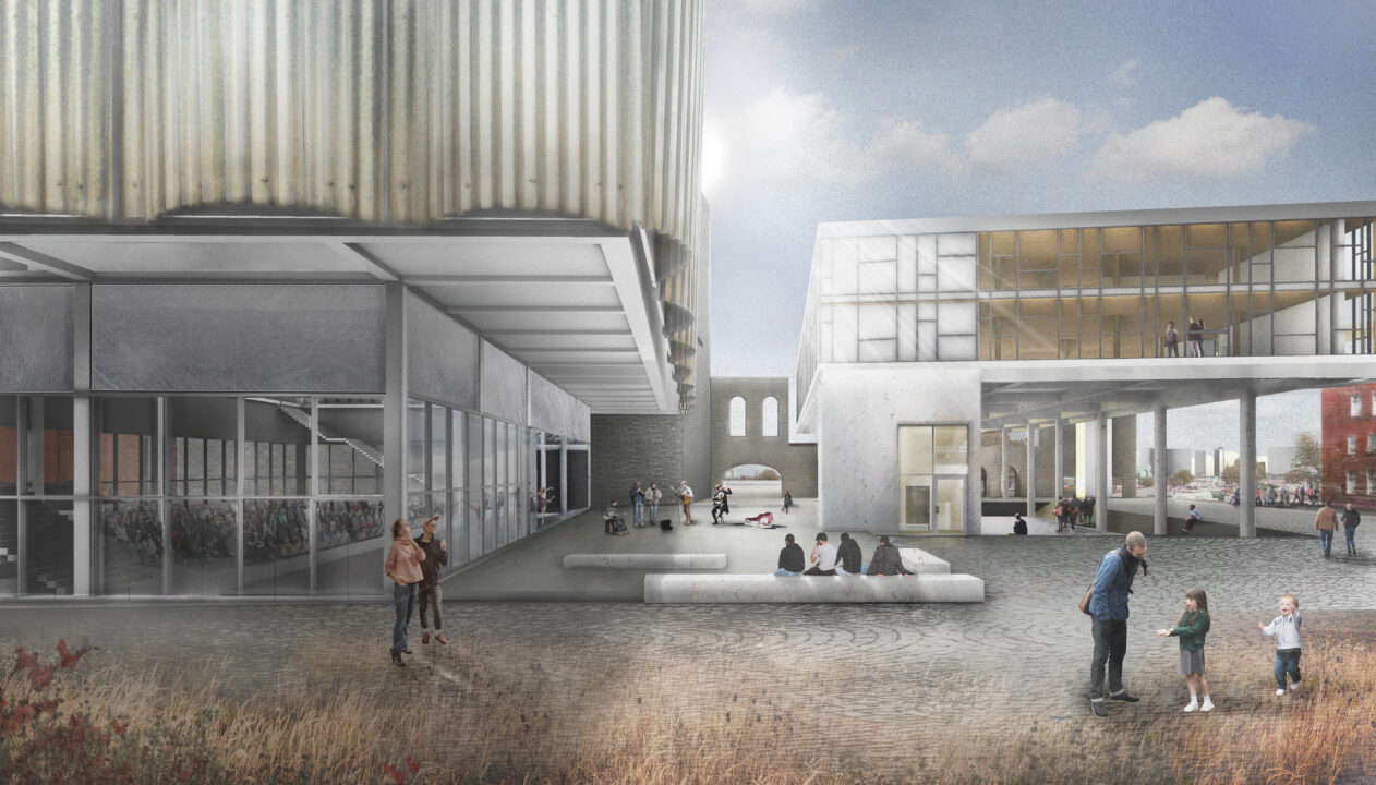 Exterior render of people gathering outside two student designed buildings