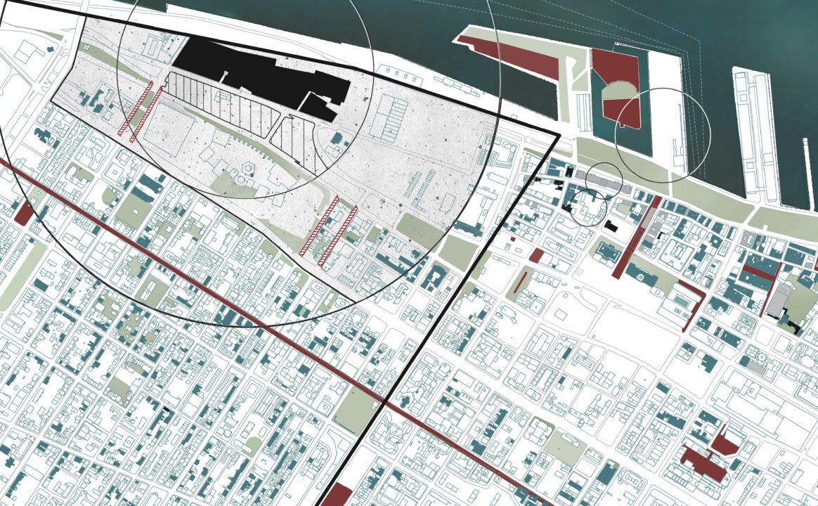 Context map showing the student designed buildings and the surrounding city