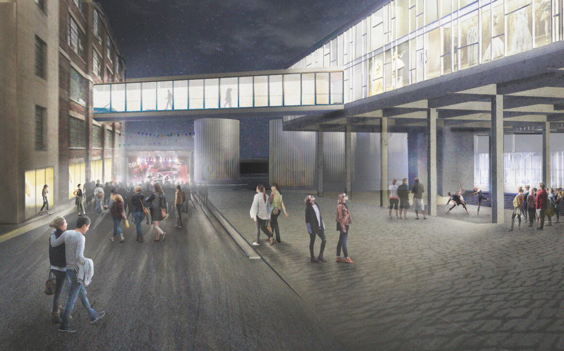 Exterior render at night of people gathering in front of a student designed building, an outdoor concrete can be seen in the background