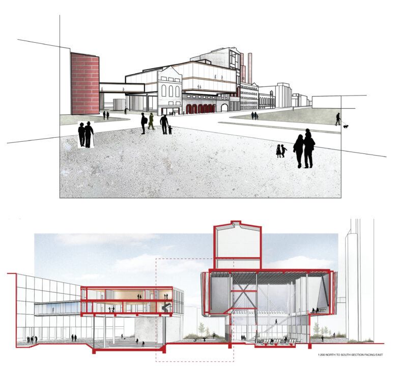 Poster showing a perspective drawing and perspective section of a student designed building