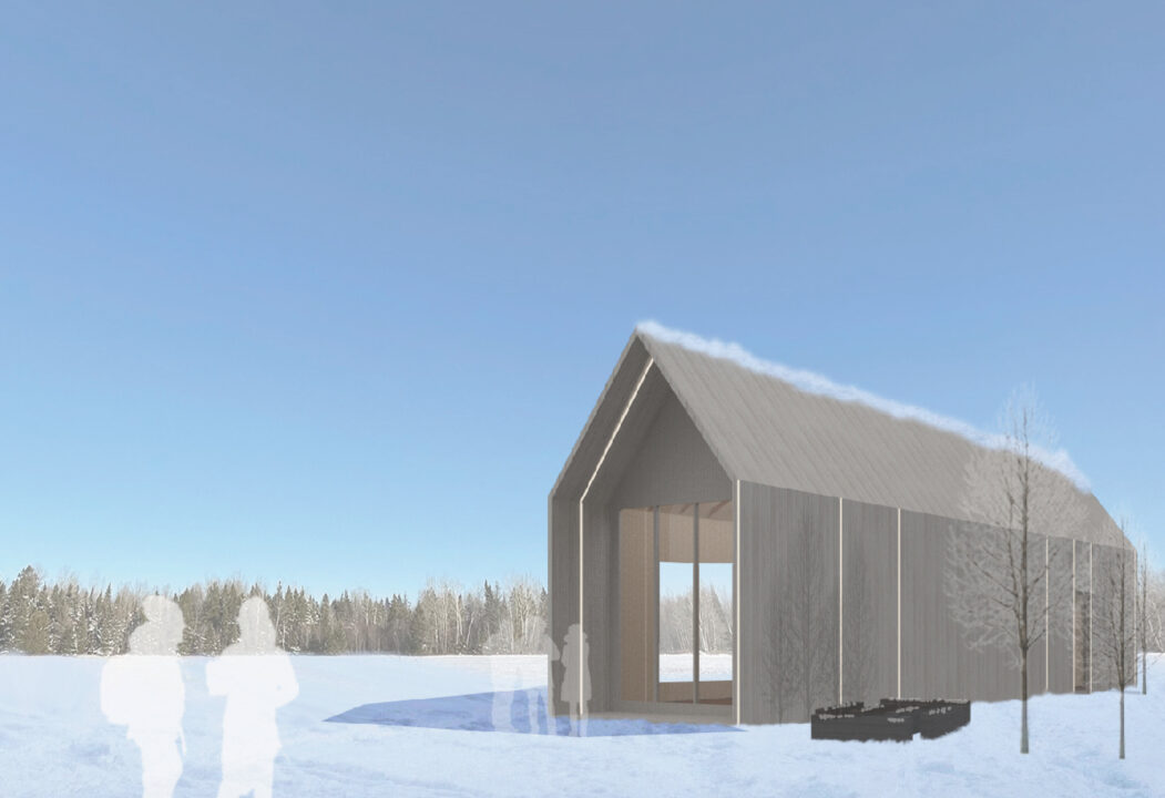 Exterior render of a long wooden building in winter