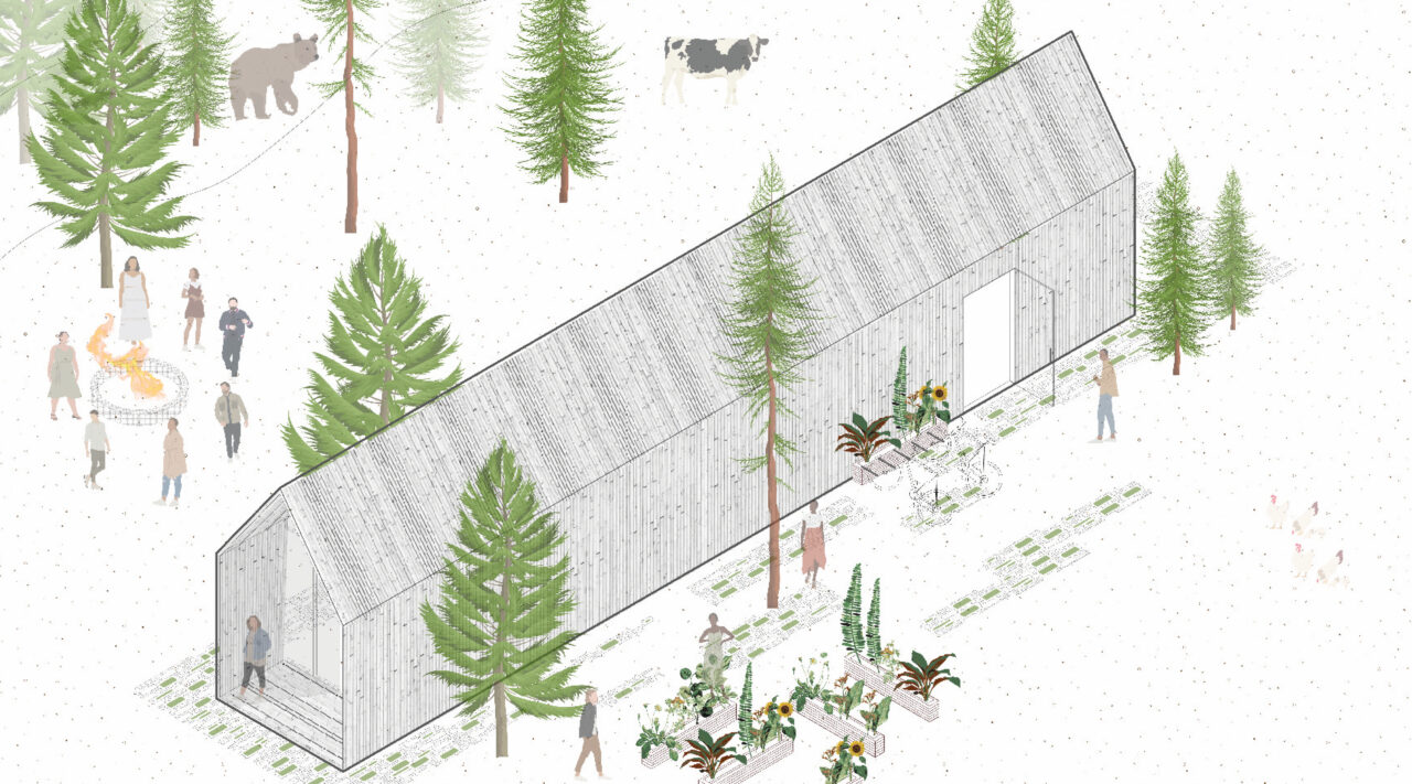 Exterior perspective drawing of a long wooden building next to an exterior fire pit, surrounded by people