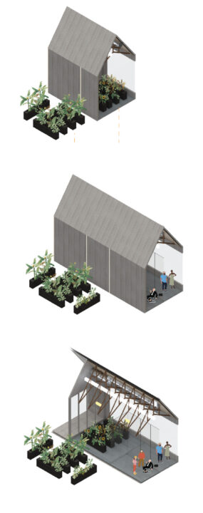 Three axonometric drawings showing different areas of the building and it's construction