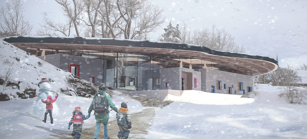 Exterior render in the winter of a early education center