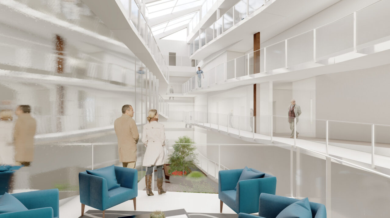 Interior render of an atrium space in the art gallery building