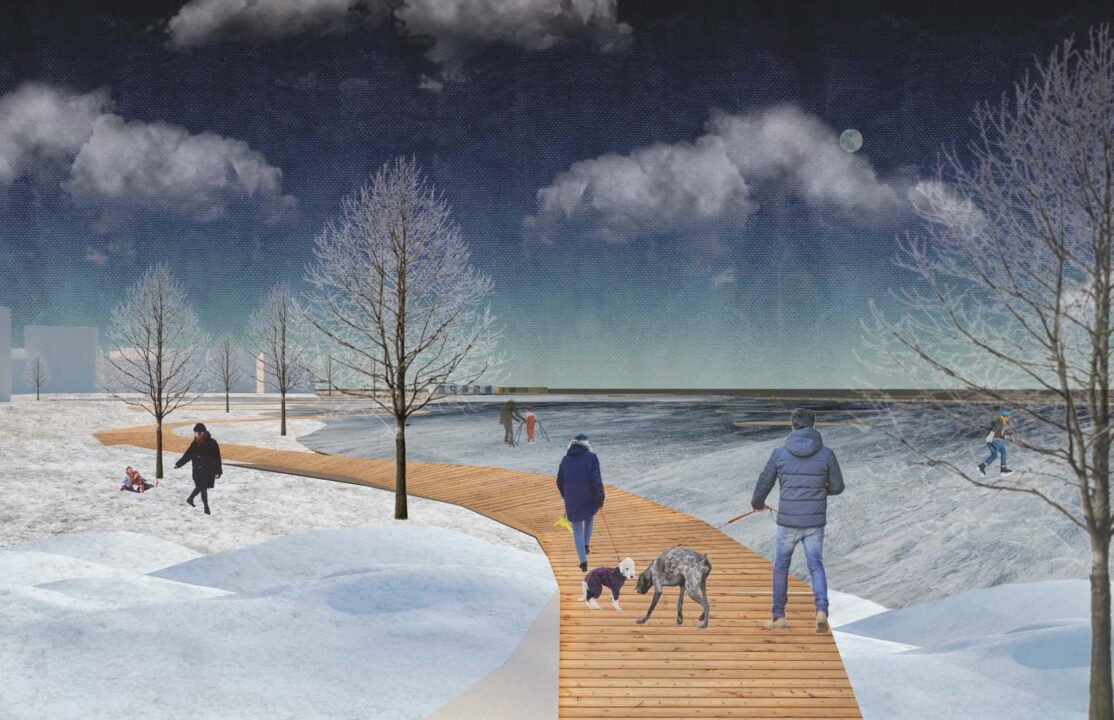 Exterior render in the winter time of people walking down a wooden board walk next to a frozen lake