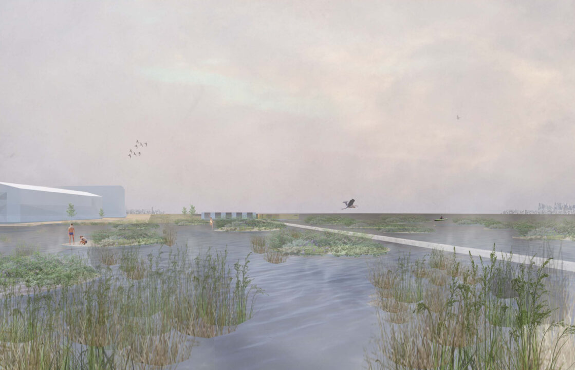 Exterior render of a marsh land with a student deigned building in the background