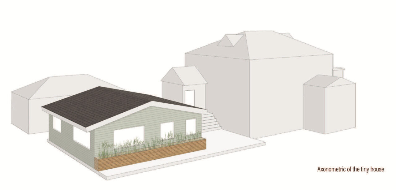 Axonometric drawing of a tiny house behind a larger house