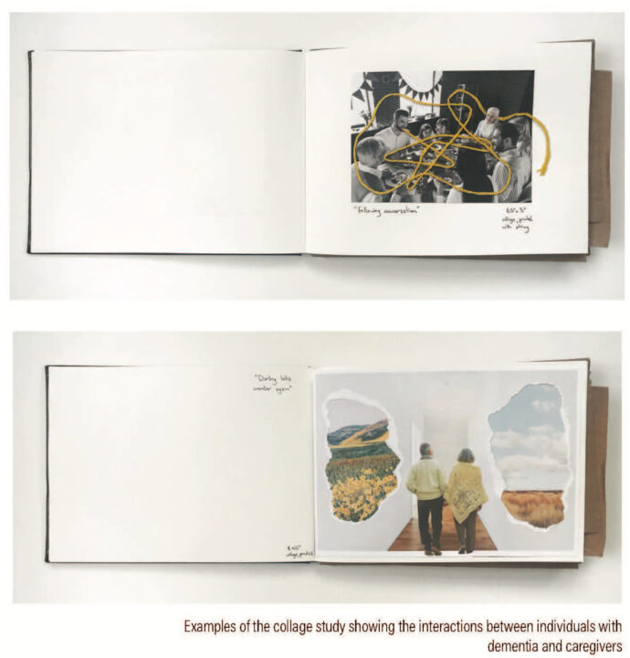 Two photographs of collages in a small black book