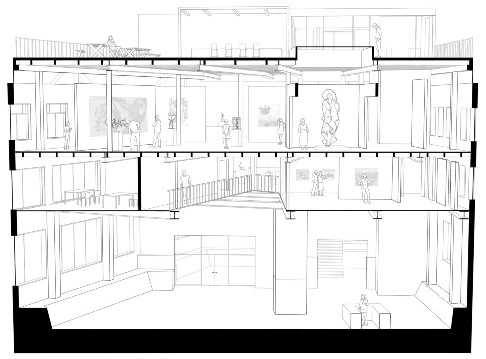 Perspective section of the interior of an art gallery building